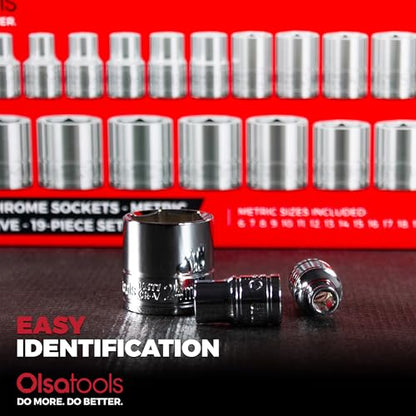 Olsa Tools Metric Shallow Socket Set - 3/8-Inch Drive, 19pc - 6-Point Chrome Sockets from 6mm–24mm and No Skipped Sizes - Mechanic Shallow Metric Socket Set - Professional Grade Sockets - Part: 1328 - color: Metric Shallow, size: 19pc, 3/8-Inch Drive