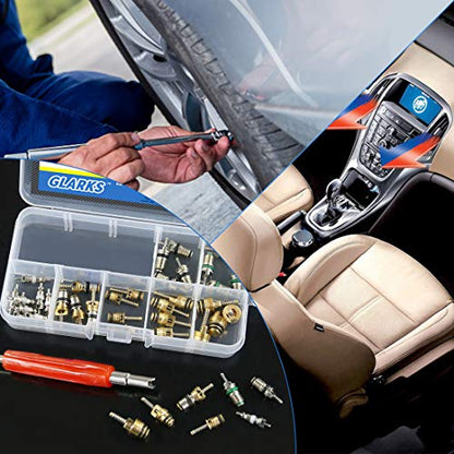 Glarks 41Pcs Schrader Car A/C Valve Core Kit - R12 R134a - Aluminium & Brass & Plastic - Blue Remover Tool - 7.6cm - style: Car Air Conditioner Valve
