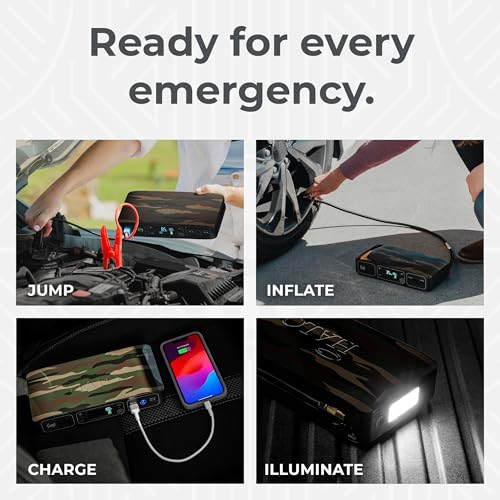 HALO Bolt Air 58830 Portable Car Battery Jump Starter | 100 PSI Air Compressor, 58.8Wh USB Power Bank, Emergency Floodlight & Charger, Jumps Cars SUVs & Trucks, Inflates Tires, TSA Approved — Camo - color: Camo