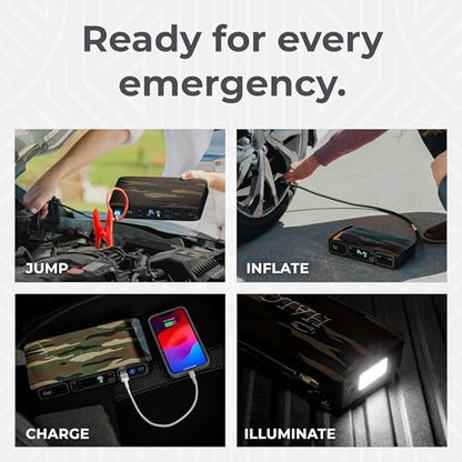 HALO Bolt Air 58830 Portable Car Battery Jump Starter | 100 PSI Air Compressor, 58.8Wh USB Power Bank, Emergency Floodlight & Charger, Jumps Cars SUVs & Trucks, Inflates Tires, TSA Approved — Camo - color: Camo