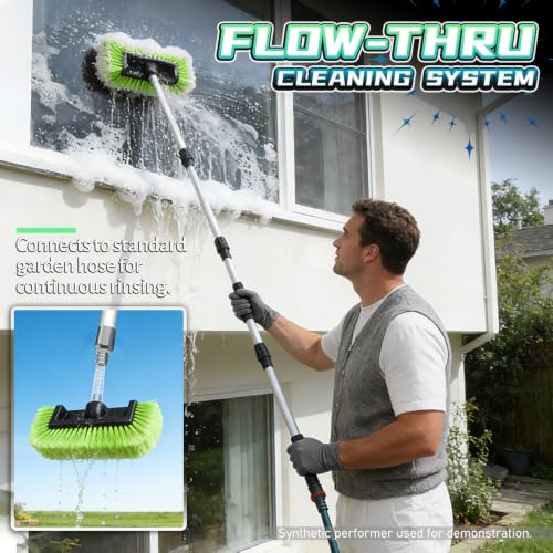 65" Flow-Thru Car Wash Brush with Hose Attachment, Soft Bristle Scrub Brush for Washing House Siding, Solar Panels, RV, Truck & Deck, Extendable Aluminum Cleaning Pole (Green) - color: Green