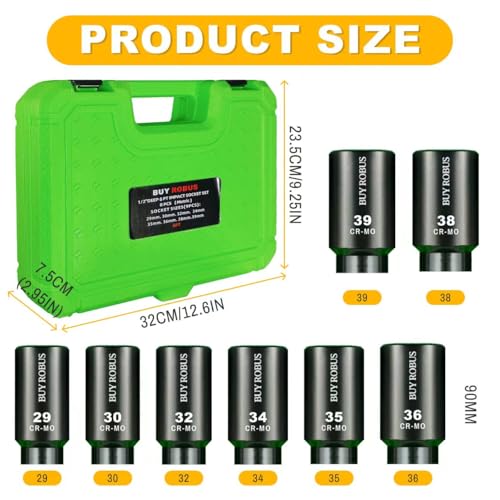 8PCS 1/2" Deep Axle Nut Impact Socket Set, CR-MO, 6 Point Design, Metric, 29,30,32,34,35,36,38,39mm, 1/2 Inch Extra Deep Impact Socket - size: 8PCS 1/2" Socket Set Metric