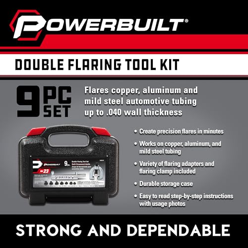 Powerbuilt 9 Piece Double Flaring Tool Set, Use on Copper, Aluminum, Soft Steel Brake Line and Brass Tubing, Storage Case - 648610 - style: 9 Piece