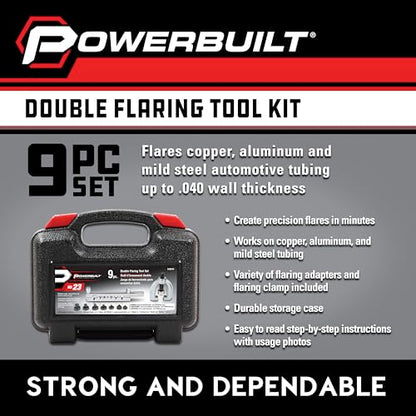 Powerbuilt 9 Piece Double Flaring Tool Set, Use on Copper, Aluminum, Soft Steel Brake Line and Brass Tubing, Storage Case - 648610 - style: 9 Piece