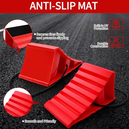 4 Pack Wheel Chocks, Heavy Duty Non Slip Wheel Chocks with Rope, Plastic Hard Wheel Stoppers Block for Camper Cars, RV Trailer, Trucks, Red - color: Red
