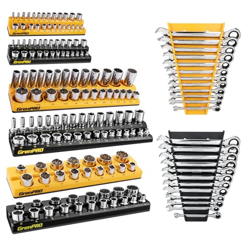 GRENPRO 8-Piece Professional Tool Organizer Set: 6-Piece Magnetic Socket Organizer & 2-Piece Wrench Holders for 1/4", 3/8", 1/2" Drive SAE & Metric Sockets and Wrenches | Saves Space & Easy Access