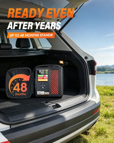 JFEGWO 8250A Jump Starter with 150PSI Air Compressor, 12V Car Battery Booster, 24000mAh Portable Tire Inflator for 12L Gas/10L Diesel, LED Display, LED Light, Storage Case, Jumper Cables