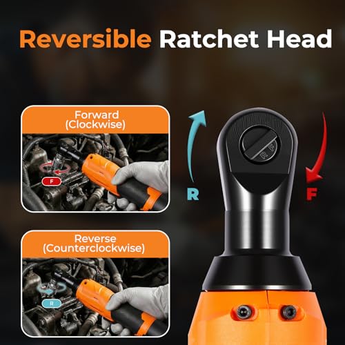 3/8" Cordless Ratchet Wrench, Compact 12V Kit, Orange1 | Electric socket wrench for light to medium DIY and garage jobs with LED light, safety lock, 2 batteries, 7 sockets and case