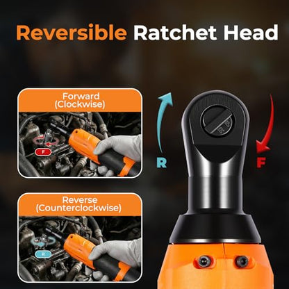 3/8" Cordless Ratchet Wrench, Compact 12V Kit, Orange1 | Electric socket wrench for light to medium DIY and garage jobs with LED light, safety lock, 2 batteries, 7 sockets and case