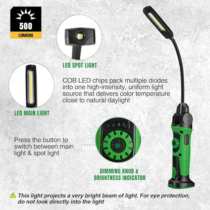 SK Ultra-Slim Flexible Work Light, Magnetic Work Light Rechargeable, 500 LM COB LED Light & 150 LM Spot Light with Hook, 360 ° Rotation, 2600 mAh Battery, Stepless Dimming, for Inspection, Auto Repair