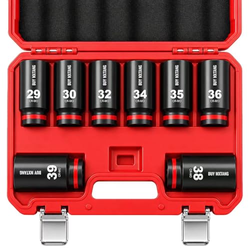 8PCS 1/2"Impact Socket Set Metric,29mm,30mm,32mm,34mm,35mm,36mm,38mm,39mm, Axle Nut Impact Socket Set L90, 6-Point CR-MO - size: 6 Point 8PCS 1/2" Socket Set Metric