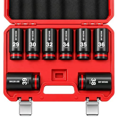 8PCS 1/2"Impact Socket Set Metric,29mm,30mm,32mm,34mm,35mm,36mm,38mm,39mm, Axle Nut Impact Socket Set L90, 6-Point CR-MO - size: 6 Point 8PCS 1/2" Socket Set Metric