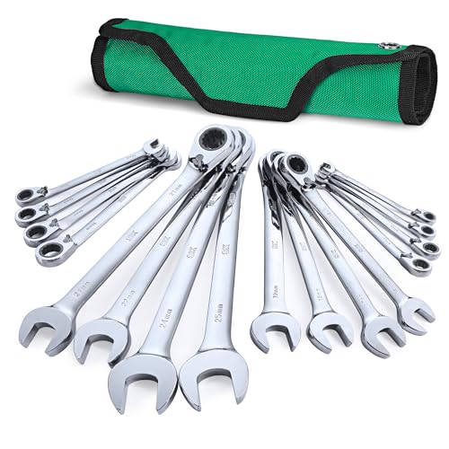 SK Reversible Ratcheting Wrench Set, Combination Wrenches, Metric 16-Piece | Ratchet Wrenches Set 72-Tooth, Chamfered Head Design, Premium CR-V Steel, Roll-Up Pouch
