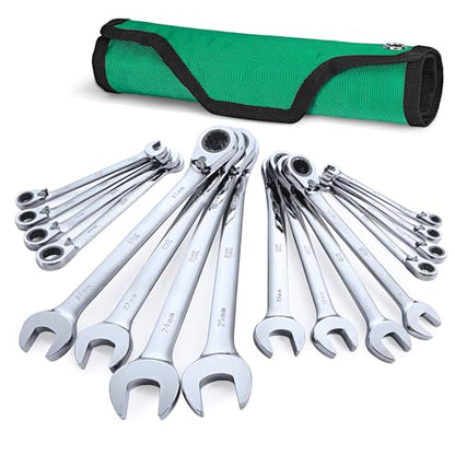 SK Reversible Ratcheting Wrench Set, Combination Wrenches, Metric 16-Piece | Ratchet Wrenches Set 72-Tooth, Chamfered Head Design, Premium CR-V Steel, Roll-Up Pouch