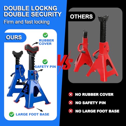 Jack Stands 3 Ton (6,600 LBs) with Double Pin Locking,Rubber Cover and Large Foot Base,12"-17" Adjustable Height Heavy Duty Jack Stands,Lifting Car,SUV,MPV,Pickup Truck,ATV/UTV,2 Pack Blue | 6,600 LBs Capacity, Double Pin Locking, Rubber Cover and Large F