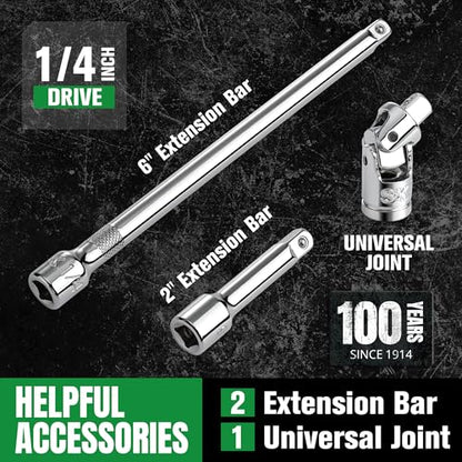 SK 1/4" Drive Socket Set with 90-Tooth Ratchet, 52-Piece, SAE & Metric | SuperKrome Finish, Premium CR-V Steel, Heat Treated, with EVA Foam Tool Organizer - size: 52PC
