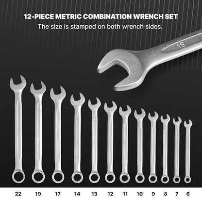 12-Piece Metric Combination Wrench Set with Storage Rack, 6–22 mm Wrenches Set, Chrome Vanadium Steel with Satin Finish Combination Wrenches, 12 Point Open End Wrench Set for Automotive, DIY