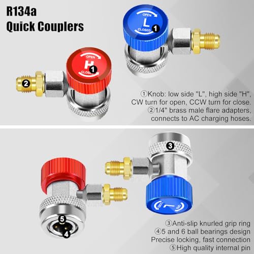AC Manifold Gauge Set, 3 Way Car HVAC R134a R404a Refrigerant Charging Tool Kit, with Hoses Quick Coupler Adapter Can Tap Case, for Auto Air Conditioner Freon Diagnostic Test and Recharge