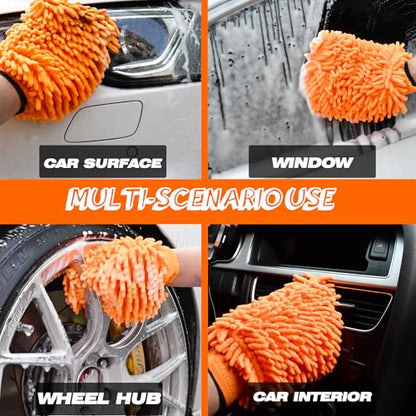 Wheel Brush and Car Wash Mitts Set, 3 PCS Car Cleaning Kit, 17 Inch Soft Bristle Wheel Cleaner Brush with 2 Microfiber car Wash Mitts, Scratch-Free Rim Tire Detailing Brush for Wheels, Tires, Rims