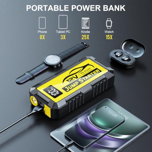 8000A Car Jump Starter, 12V Jump Starter Battery Pack (All Gas,up to 10.0L Diesel Engine) Jumper Cables Portable Lithium Jump Box, USB Output and LED Light - color: yellow
