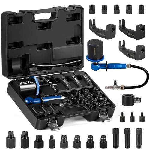 27PC Upgrade Pneumatic Injector Puller For Diesel Engine, Labor-Saving Injectors Removal Tool Kit ,18 Adapters, 3 Hooks,High Impact Extractor Hammer Puller Air Vibration Injector Extractor with Handle