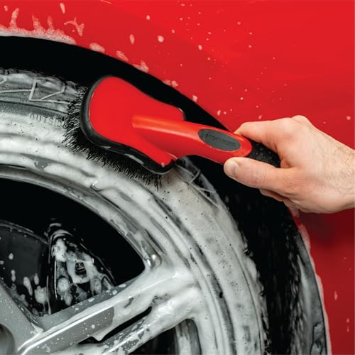 Mothers Tire Brush and Wheel Cleaning Brush for Car Detailing, Stiff Bristles for Tires, Wheels & Rubber Sidewalls, Ergonomic Non-Slip Handle, Car Wash Brush for Auto, Motorcycle, RV & Truck, Red