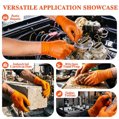 ANBOSON 10mil Nitrile-Gloves Disposable-Orange Chemical-Resistant Rubber - Mechanic Gloves Heavy Duty, Latex Free, Diamond Grip (100, Medium) | Diamond Grip,Latex Free,Chemical Resistant Disposable Thick Rubber Gloves for Auto Repair, Industrial, Food, Wo