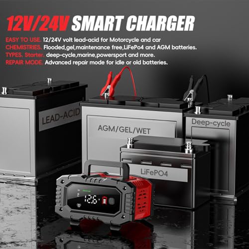 Car Battery Charger 20Amp, 12V 24V LiFePO4 Lead Acid Automatic Smart Battery Maintainer,Trickle Charger Automotive & Desulfator, Repair & Winter Mode w/Protections For AGM STD Gel Deep Cycle Batteries