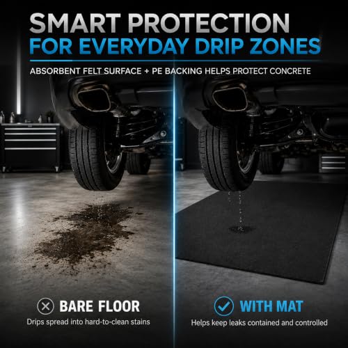31' x 36' Garage Floor Mat, Garage Mats for Floor Under Car, Absorbent Felt Garage Floor Mats for Under Car & Motorcycle, Leakproof PE Backing, Reusable Garage Carpet for Oil Spills