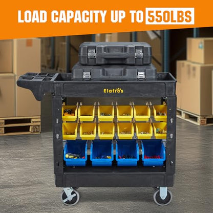 ELAFROS 2-Tier Heavy Duty Utility Cart with 32 Storage Bins, 40.7 x 17 in | 550 lbs Capacity, Deep Tub Shelves, Rolling Service Cart, Locking Wheels, Tool Organizer, Workshop Garage Office Storage Bins