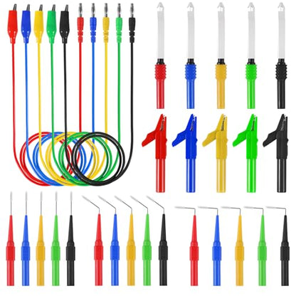 30Pcs Back Probe Kits, Banana Plug to Copper Alligator Clip Automotive Test Leads Set with Alligator Clips Wire Piercing Probes, 15PCS Back Probe Pins for Car Repairing Diagnostic 5 Colors