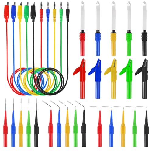 30Pcs Back Probe Kits, Banana Plug to Copper Alligator Clip Automotive Test Leads Set with Alligator Clips Wire Piercing Probes, 15PCS Back Probe Pins for Car Repairing Diagnostic 5 Colors