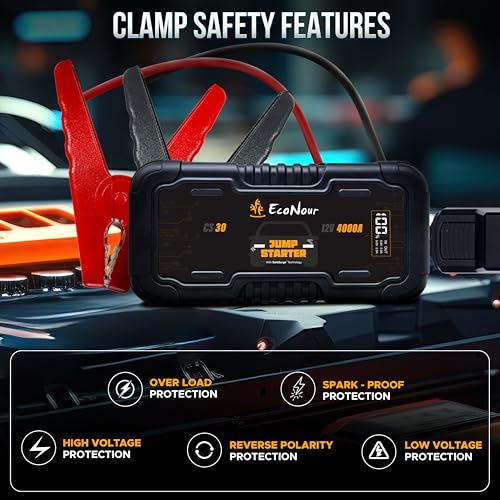 EcoNour car Battery Jump Starter 4000A Peak Up to 10L Gas & 10L Diesel Engines 12V Lithium Jump Box with Jumper Cables, USB Charger, LCD Display, LED Flashlight – for Cars, SUVs, Trucks - color: Black, size: 4000A