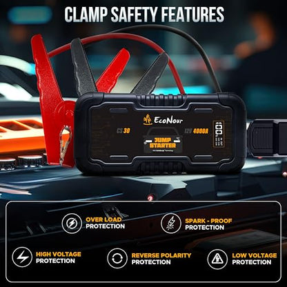 EcoNour car Battery Jump Starter 4000A Peak Up to 10L Gas & 10L Diesel Engines 12V Lithium Jump Box with Jumper Cables, USB Charger, LCD Display, LED Flashlight – for Cars, SUVs, Trucks - color: Black, size: 4000A