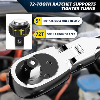 PRIDE&CRAFT 1/2" Drive Extra Long Flex Head Ratchet 72-Tooth, 23.6 Inch Long, Socket Wrench Quick Release Reversible Design, Swivel Head Ratchet, Chrome Alloy Made, EVA Organizer - style: 1/2 Inch Extra Long