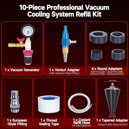 BILITOOLS 10-Piece Coolant Vacuum Refill Kit, Quick Airlift, Universal | Copper-Cased inHg/PSI Gauge. Metal Valves, Brass Fittings, Airtight Seal. Adapters 0.3-2.2in. Clear Hose, Auto-Fill Design - size: 10-pc Coolant Vacuum Refill Kit