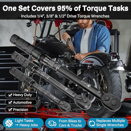 Lytool 3PCS Torque Wrench Set, 1/4 3/8 1/2 Drive Click Torque Wrenches, 10-220 in-lb, 5-45 ft-lb, 10-170 ft-lb, ±3% Accuracy, 72-Tooth Quick Release Ratchet with Calibration Certificate