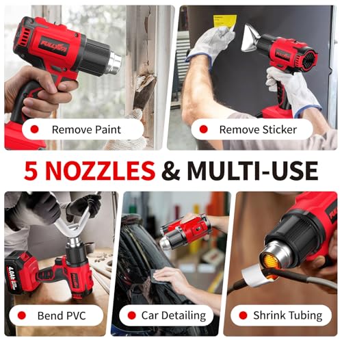 Cordless Heat Gun, Max 550°C (1022°F), Hot Air Gun Kit with 5 Nozzles & 2x4.0Ah Batteries, Fast Heating, 2-Temperature Setting, Portable Heat Gun for Shrink Tubing, PVC Wrap, Crafts (Red)
