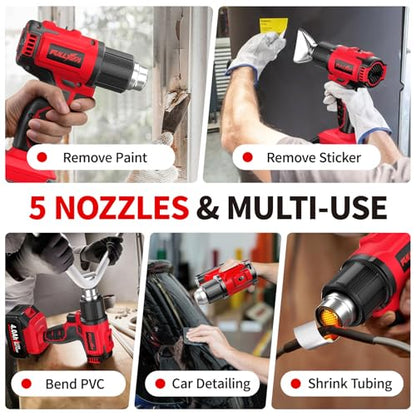 Cordless Heat Gun, Max 550°C (1022°F), Hot Air Gun Kit with 5 Nozzles & 2x4.0Ah Batteries, Fast Heating, 2-Temperature Setting, Portable Heat Gun for Shrink Tubing, PVC Wrap, Crafts (Red)