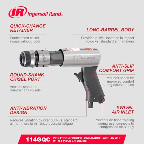 Ingersoll Rand 114GCQ EDGE Series 2 5/8" Stroke Air Hammer Kit, Max Rotational Speed Up to 3,500 BPM, Includes 3 Chisel Attachments