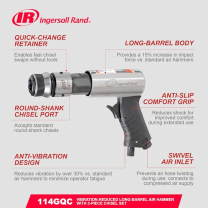 Ingersoll Rand 114GCQ EDGE Series 2 5/8" Stroke Air Hammer Kit, Max Rotational Speed Up to 3,500 BPM, Includes 3 Chisel Attachments