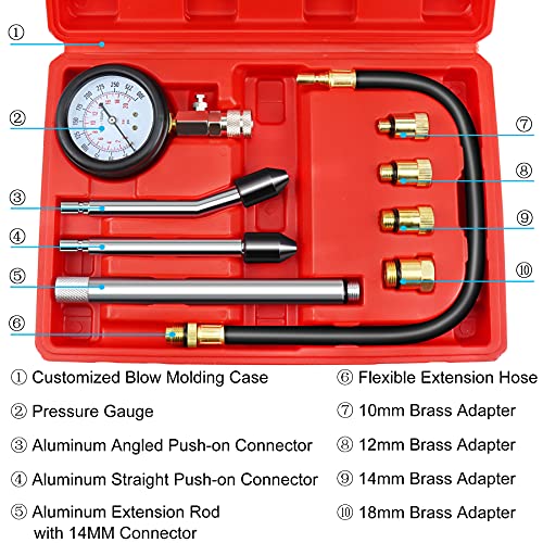JIFETOR Engine Compression Tester Gauge Kit Cylinder Test Pressure Gage Tool 9PCS Set with Adapters for Testing Small Gas Petrol Gasoline Engine on Automotive Motorcycle Auto Outboard Motor Snowmobile