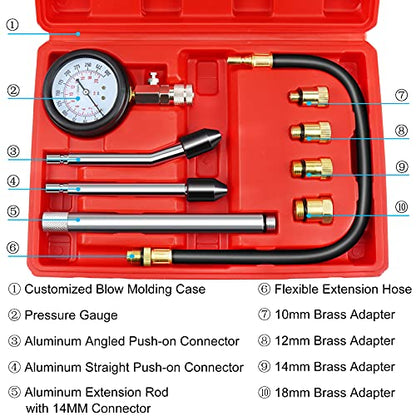 JIFETOR Engine Compression Tester Gauge Kit Cylinder Test Pressure Gage Tool 9PCS Set with Adapters for Testing Small Gas Petrol Gasoline Engine on Automotive Motorcycle Auto Outboard Motor Snowmobile