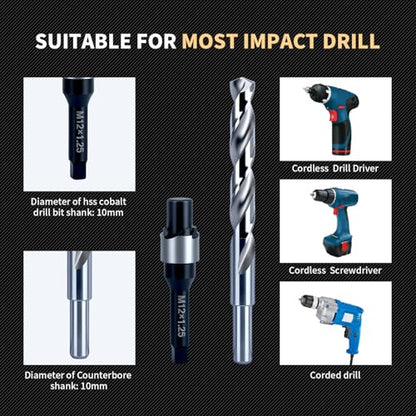 M12x1.25 Thread Repair Kit with Insert HSS Drill, Tap, Counterbore, Installation Driver, Metric, 10PCS Stainless Steel Insert M12X1.25X15MM