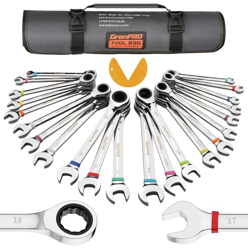 GRENPRO Ratcheting Wrench Set, 23PCS Combination Wrench Sets, Wrench Set Metric and Standard & SAE, 6-18mm & 1/4" to 3/4" with Color Ring, Ratchet Set With Roll Up Pouch, CRV Socket Mechanic Tool Sets - style: 23PCS Ratcheting Wrench Set Metric&SAE With C