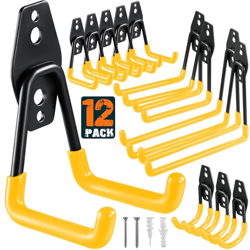 HUPBIPY 12 Pack Garage Hooks Heavy Duty, Wall Mount Ladder Hooks | Storage Organizer With a non-slip coating for Hanging Bicycles Garden Tools Ladders Hoses Ropes and Loose Items(Yellow) - color: 12 Pack Yellow