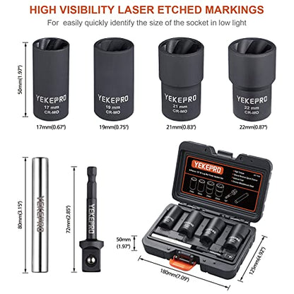 6PCS Lug Nut Removal Tool, 1/2 Inch Bolt Extractor Set | Impact twist socket set, 17,19,21,22mm wheel lock removal kit for removing damaged, frozen, nuts & screws, Cr-Mo steel - size: 6-Piece Twist Socket Set
