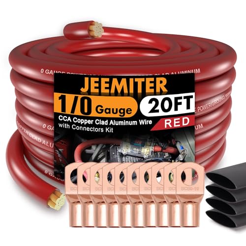 Jeemiter 1/0 Gauge Wire CCA Copper Clad Aluminum (20FT Red) - Battery Cable,Power/Ground Cable for Car Amplifier,Big 3 Upgrade,Auto with Lug Terminal Connectors & 3:1Heat Shrink Tubing - size: 20FT Red