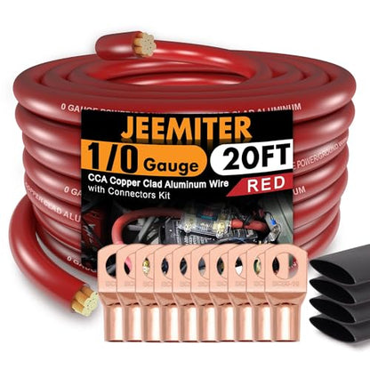 Jeemiter 1/0 Gauge Wire CCA Copper Clad Aluminum (20FT Red) - Battery Cable,Power/Ground Cable for Car Amplifier,Big 3 Upgrade,Auto with Lug Terminal Connectors & 3:1Heat Shrink Tubing - size: 20FT Red