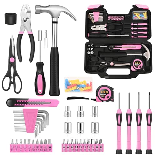 HANGYING 132-Piece Home Tool Kit for Women with Plastic Toolbox Pink | All Purpose Home Repair Tool Set with Storage Case, Women Small Tool Kit, Garage Office College Dorm & DIY Projects Use - color: Light Pink